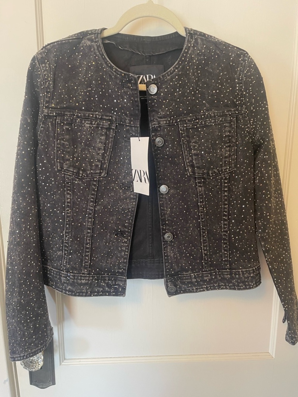 Zara Black Speckled Cropped Denim Jacket